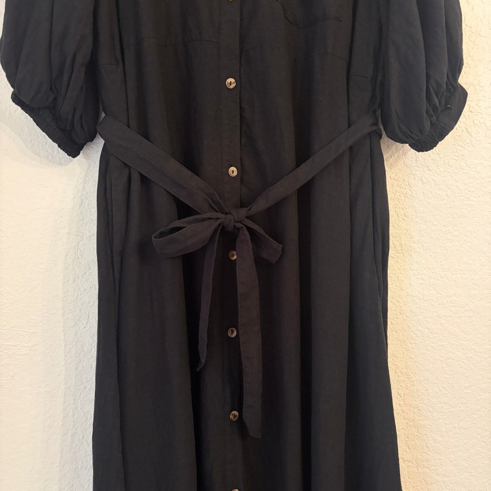 Anthropologie Maeve Mona Linen Shirt Dress L Maxi Puff Sleeve Resort Beach Black - Picture 4 of 12